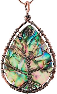 SUNYIK Women's Tree of Life Pendant Necklace with Abalone Shell & Copper Wire Wrap, Lobster Clasp Design in Various Shapes