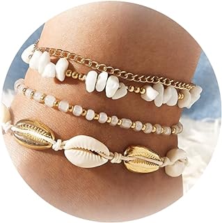 Women's 4Pc Layered Seashell Anklet Set with Lobster Claw Clasp and Bead Chain, Boho Summer Beach Style Jewelry