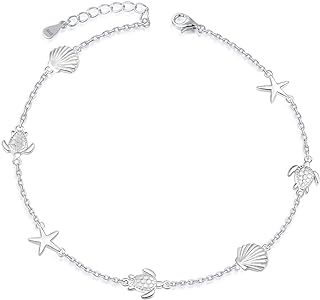 BEILIN Puka Shell Anklet with 925 Sterling Silver Chain, Ocean-Themed Charm for Women and Teen Girls, Sea Turtle & Starfish Design