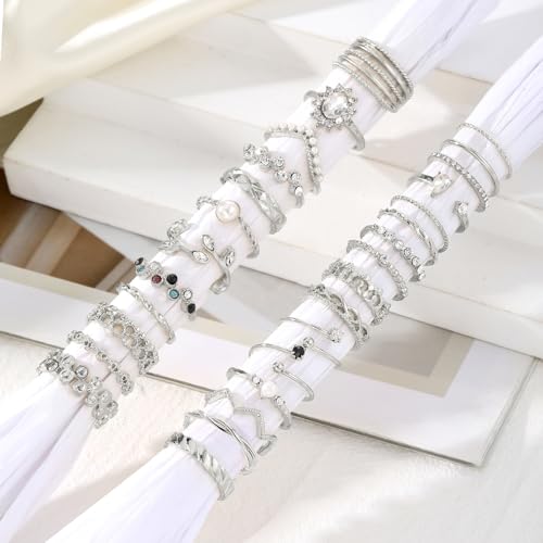 KISS WIFE Gold Silver Stackable Knuckle Rings Set for Women Girls, Boho Trendy Dainty Cute Sparkling Aesthetic Midi Rings Pack,Crystal Rhinestone Pearl Costume Jewelry, Christmas Gifts for Teen Girls