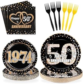 Grencian 50th Wedding Anniversary Party Supplies Set: 96Pcs Paper Tableware including Plates and Napkins, Pink, Serves 24 - Disposable for Easy Clean