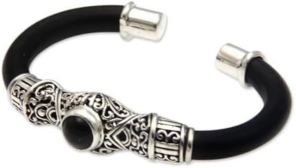 NOVICA Artisan Handmade Onyx Cuff Bracelet Crafted Sterling Silver Rubber Black Indonesia Birthstone [6 in L (end to End) x 0.3 in W] ' Baroque Moon'