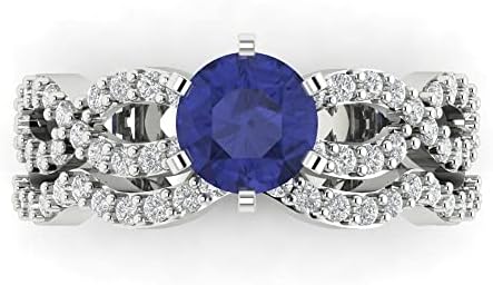 Clara Pucci 1.55ct Round cut Custom Engraving Halo Pave Faux Tanzanite Engagement Ring Band Wedding Bridal Set Curved 14k White Gold 10