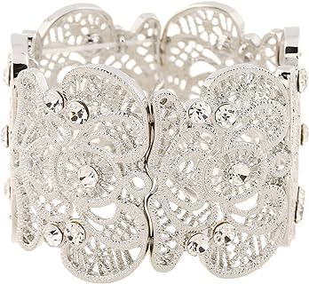 Women's Statement Bracelet Lace Filigree Cuff Bracelet Rhinestone Stretch Bangle Bracelet for Ladies 7"