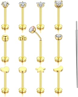 TOPBRIGHT 12Pcs 16G Flat Back Earrings 316L Surgical Steel Threadless Tragus Cartilage Nose Stud Push Pin Lip Stud Rings Medusa Piercing Jewelry Hypoallergenic Gold for Women Men