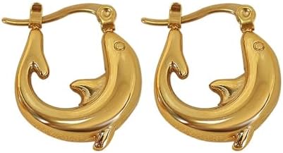 Dolphin Hoop Earrings for Women Girls 18K Gold Plated Stainless Steel Chunky Dolphins 20mm Small Huggie Hoops Earrings Jewelry Gifts