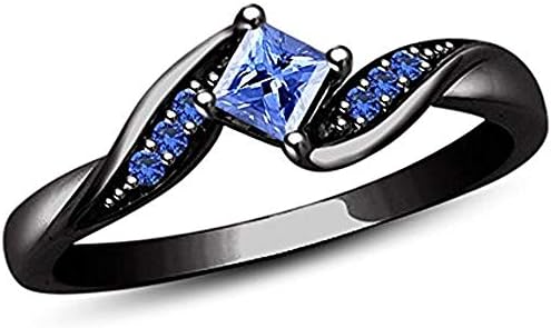 14K Black Gold Plated Princess Cut Sapphire Engagement Ring with Sterling Silver - Bypass Design