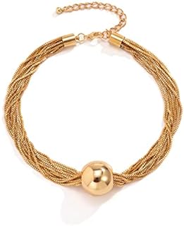 Women's Layered Necklace Set, 14K Gold Plated with Link Chain, Ball Clasp, & Cubic Zirconia - Rhinestone Multi-Layered Snake Chain & Herringbone Design