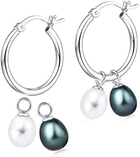 925 Silver Multi-use Hoop Sade Earrings 7-7.5mm Cultured Freshwater Drop White and Black Peacock Pearl 4-in-1 Rhodium Plated