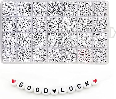 Amaney 1450pcs Alphabet Beads 4x7mm White Round Flat Acrylic Letter Beads A-Z Red Heart and Black Heart Beads for Jewelry Making Bracelets Necklaces Key Chains