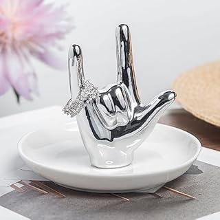 Silver I Love You Hand Shaped Jewelry Organizer by Lynagert - Ceramic Ring Holder Dish for Women and Girls, Suitable for Rings, Earrings, Necklaces - Ideal Gift for Wedding, Anniversary, Valentine's Day