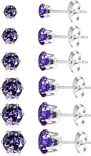 Lever-Back Purple ComaZoo Earrings | Gold-Plated Stainless Steel & Cubic Zirconia Studs | Stylish Gift for Women, Men & Girls | Assorted Sizes in Pack (6 Pairs)