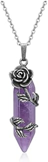 PESOENTH Amethyst Crystal Necklace Healing Crystal Hexagonal Stone Necklace Antique Silver Flower Wrapped Purple Gemstones Point Pendant for Women