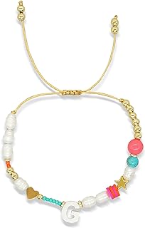 Initial Pearl Beaded Adjustable Bracelets for Women Teen Girls, Cute Handmade Gold Clay Beads Friendship Heart Letter Name Bracelet Holiday Beach Jewelry Friend Gift