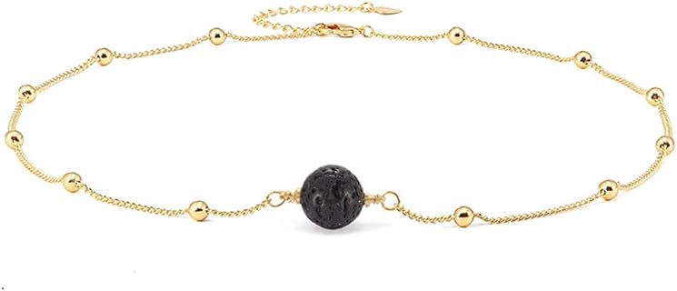 Gold-plated Black Lava Rock Essential Oil Diffuser Necklace with Short Chain for Women - Minimalist Beaded Aromatherapy Fashion Jewelry