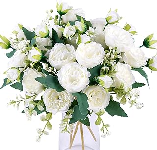 Floweroyal 4 Bunches Peony Artificial Flowers White Flowers Silk Peonies Bouquets for Wedding Party Table Centerpieces Floral Arrangement Home Kitchen Decor.