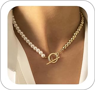 Vintage Gold Pearl Choker Necklace with OT Toggle Clasp Gold Silver Beaded Chain Necklace Punk Beaded Pearl Choker Dainty Barque Pearl Toggle Clasp Necklaces for Women Teens Girls