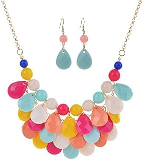 Lobster Clasp Resin Bead Necklace and Earrings Set in Alloy Chain for Women - Layered Teardrop Design