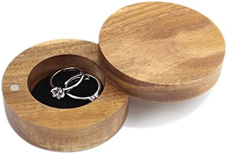 Rustic Wooden Ring Bearer Box for Wedding Ceremony, Round Acacia Wedding Double Rings Storage Box Slide Magnet Closure