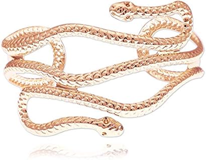 Gold-Plated Open Bangle Rose Gold Cuff Bracelet with Snake Chain Detail for Women, Art Nouveau and Art Deco Inspired Design