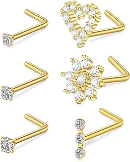 MODRSA Nose Studs 20g 22g Nose Stud L Shaped Diamond Nose Rings Stud for Women Surgical Steel Nose Rings Nose Screw Nose Piercing Stud Flower Heart Nostril Jewelry Silver Rose Gold