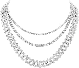 Box Clasp Formal Choker Necklace in Zinc | Crystal Diamond-Adorned | Cuban Link & Diamond Tennis Design | Perfect for Men and Women