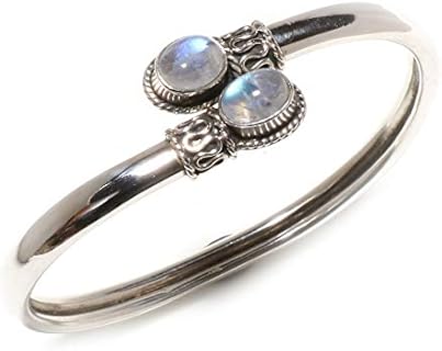 Lobster Claw Clasp Tibetan Silver 925 Cuff Bracelet with Bead Chain & Blue Fire Moonstone for Women in Tribal Boho Design