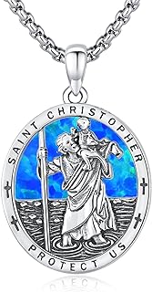 Lobster Clasp St Christopher Pendant Necklace - Sterling Silver C-Link Chain - Patron Saint Protection Jewelry for Men and Women - Opal Saint Christopher Design