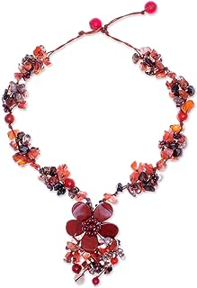 Toggle Clasp Smoky Quartz Multigemstone Beaded Necklace with Ball Chain, Handmade Floral Design Pendant from Thailand, Ideal Gift for Women