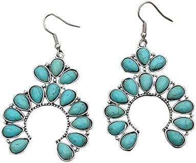 Bohemian Vintage Turquoise Oval Flower Ethnic Drop Dangle Earrings for Women Girls Boho Exaggerated Retro Geometric Turquoise Teardrop Earrings Cowgirl Cowboy Jewelry Gift