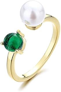 OIDIMS Adjustable Emerald & Cubic Zirconia Pearl Engagement Ring, 18K Gold-Plated Copper, Open Design, Stackable, Perfect Gift for Women & Girls
