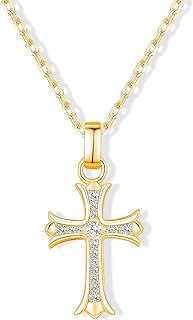 Small Gold Cross Necklace for Women and Men, Gold/S925 Sterling Silver Girl's Cross Necklace With Moissanite Diamond, Cross Necklace for Boys, Cross Pendant Necklace for Kids (Gold)