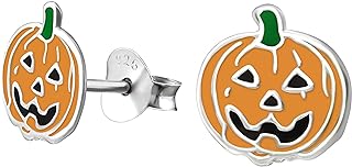 KIWI DAISY Halloween 925 Sterling Silver Pumpkin Stud Earrings with Push Back Design and Sterling Silver Gem