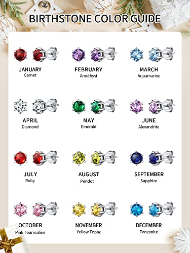 925 Sterling Silver Sparkling Heart/Round/Princess Cut Birthstone Stud Earrings for Women Birthday Jewelry (with Gift Box)