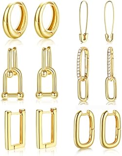 Clutchless 6-Pairs Gold Huggie Hoop Earrings by HAIAISO: 14k Gold-Plated, Brass Crafted Paperclip Link and U Shape Pin Hoop Design for Women