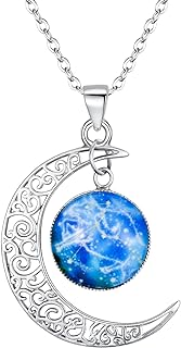 Spring Ring Clasp Zodiac Pendant Necklace on Sterling Silver Rolo Chain with Crescent Moon Glass Bead for Women and Girls by BriLove - Perfect Horoscope Gift