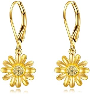 14K Daisy Earrings for Women 14K Gold Daisy Pierced Dangle Earrings for Girls