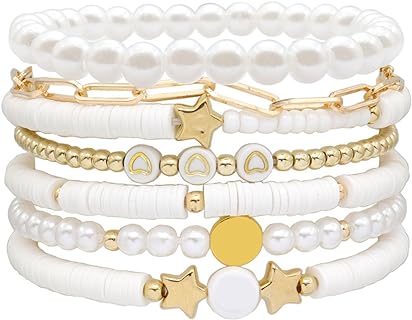 Y2K Boho Surfer Heishi Clay Bead Bracelets with Bead Chain for Women and Teen Girls, Versatile Design Vinyl and Metal Stackable Set