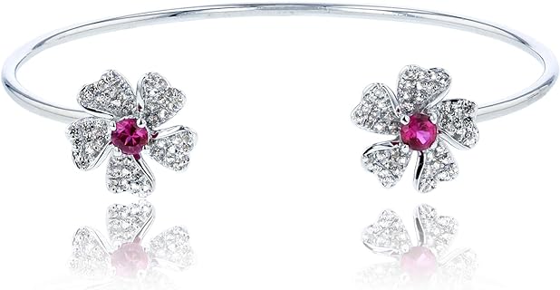 Sterling Silver Open Wire Bangle with Elegant Flower Design & Sapphire Ruby Gems - Trendy Hypoallergenic Bracelet for Women - Lead-free & Nickel-free