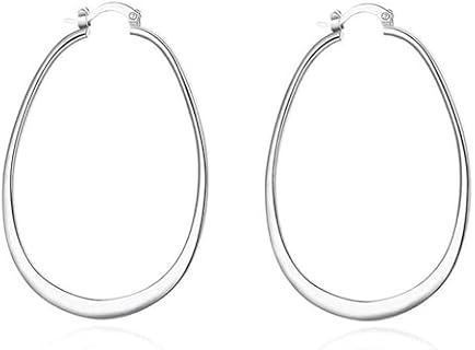 Womens 925 Sterling Silver Elegant Oval Shaped Extra Large Hoop Earrings | Sterling Silver Hoop Earrings Oval, Plated Polished Earrings For Women,Girls' Gifts (Silver)