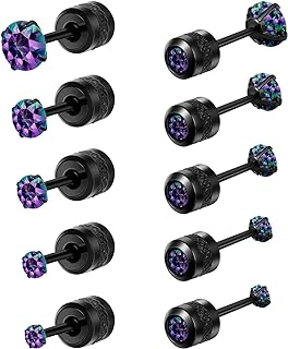 5-Pack Hypoallergenic Stainless Steel Titanium Stud Earrings with Cubic Zirconia & Screw Back for Women & Men, Perfect for Sensitive Ears & Tragus Piercing - Elegantly Designed
