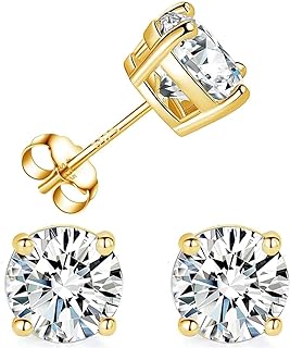 Adabele Hypoallergenic Sterling Silver and Yellow Gold Stud Earrings with Created Diamond and Cubic Zirconia, April Birthstone Women's Fine Jewelry, Tarnish Resistant