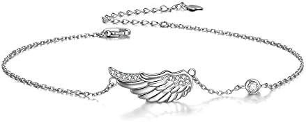 POPLYKE 925 Sterling Silver Bracelet for Mom & Daughter - Angel Wing Cuff with Lobster Claw Clasp, Box Chain & Cubic Zirconia Gems