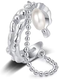 Woman's Chunky Vintage Adjustable Silver Pearl Ring, Alloy Punk Style Design, Ideal for Stacking and Gift Giving, Size 8