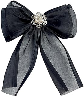 Elegant Bow Tie Brooch & Hair Pin Set for Women and Girls - Fashionable Gauze Ribbon Design with Pre-Tied Pearl Crystal, Copper Pin Clasp - 14 cm Width, Perfect for Collar Shirt Corsage