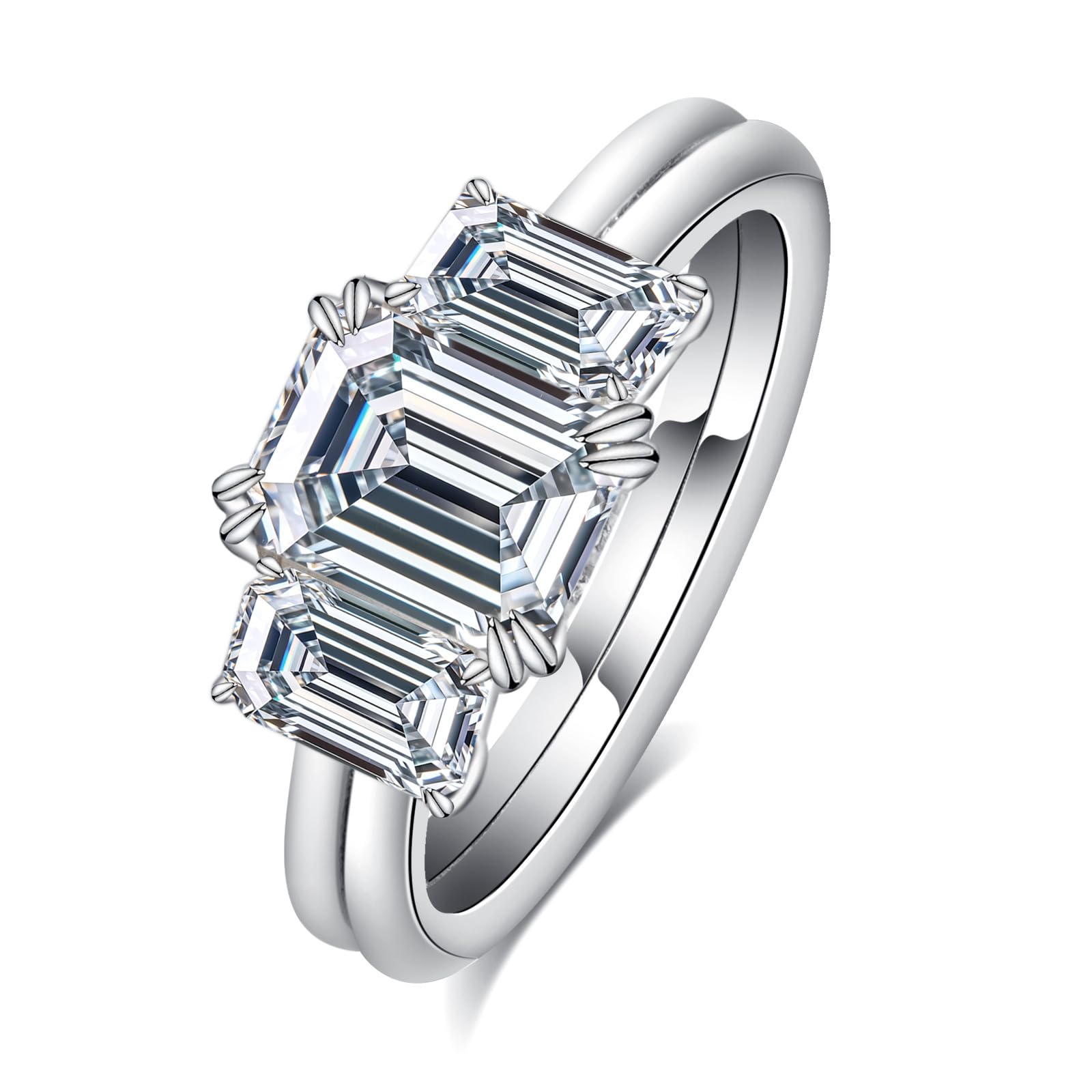Emerald Cut Moissanite 3 Stone Engagement Ring Total 3.25cttw D Color VVS1 14K White Gold Plated 925 Sterling Silver Double Claw Wedding Promise Rings for Women