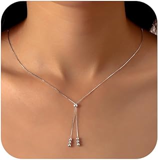 Lariat Gold Necklace for Women S925 Sterling Silver Dainty Layered Bead Necklaces 14k Gold Plated/Silver Adjustable Y-Shaped Tassel Round Beaded Pendant Long Chain Necklace for Wedding Gifts