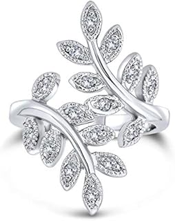 Women's Rhodium-Plated Brass Cubic Zirconia Ivy Vine Leaf Engagement Ring - Nature-Inspired Sustainable Jewelry Design