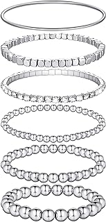 6 Pieces Bracelets Set for Women Stackable Elastic Bead Ball Bracelet Thin Bangle Bracelet Stretch Cubic Bead Bracelet Tennis Bracelet with Round Moissanite