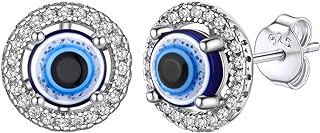 Sterling Silver Evil Eye Stud Earrings with Open Ring Design for Women and Girls - Amulet Protection Jewelry Gift Set by Bestyle, Greek-Inspired Minimalistic Design